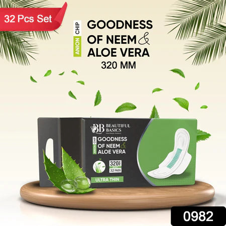 0982 Sanitary Pads For Women With Goodness Of Neem Aloe Vera Ultra Thin Leakage Protection Ph Balance With Antibacterial Anion Chip 5x More Absorbance (320 Mm 32 Pads)